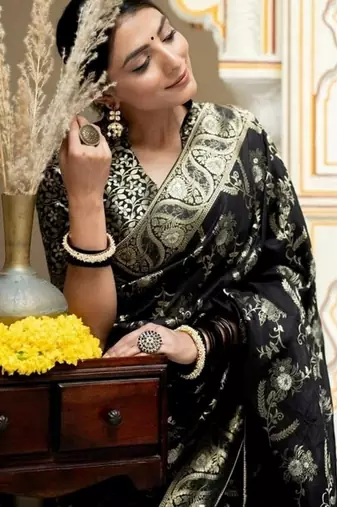 Black woven art silk saree with blouse