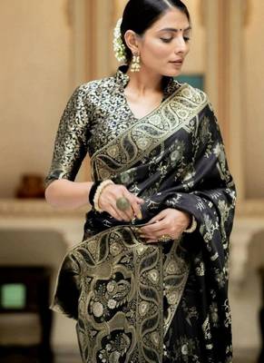 Black woven art silk saree with blouse 5