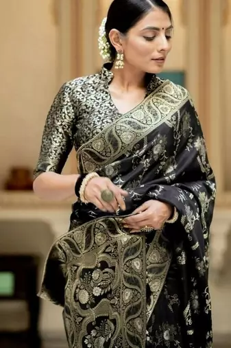 Black woven art silk saree with blouse