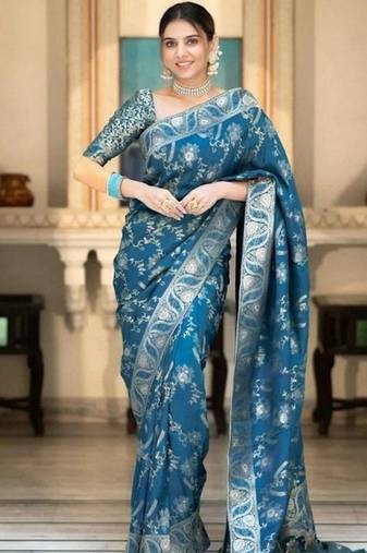 Teal blue woven art silk saree with blouse