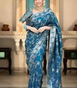Teal blue woven art silk saree with blouse