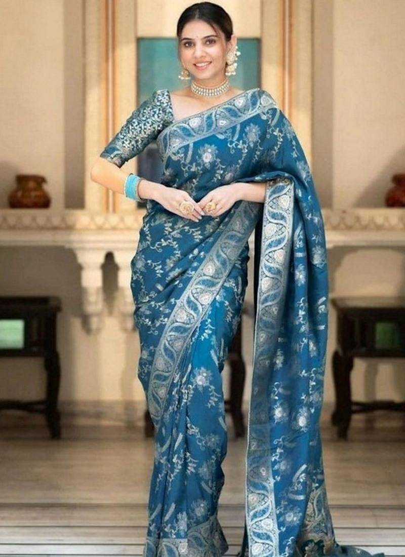 Teal blue woven art silk saree with blouse