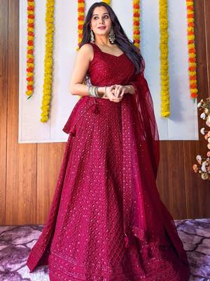 rani pink georgette embroidered lehenga choli with dupatta 1