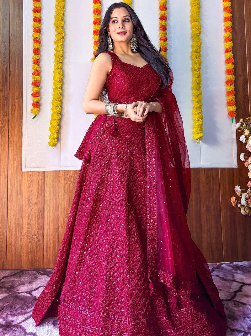 rani pink georgette embroidered lehenga choli with dupatta