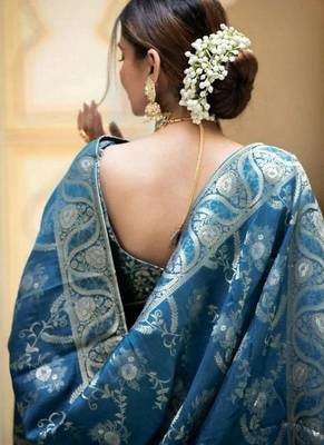 Teal blue woven art silk saree with blouse 2