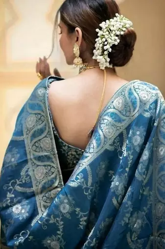 Teal blue woven art silk saree with blouse