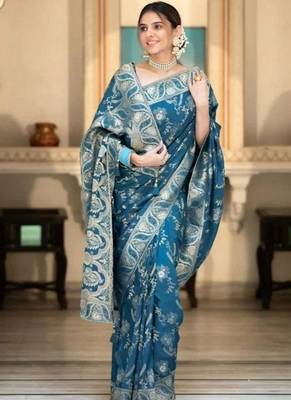 Teal blue woven art silk saree with blouse 3