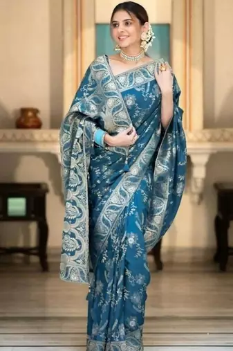 Teal blue woven art silk saree with blouse
