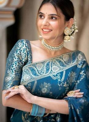 Teal blue woven art silk saree with blouse 4