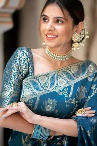 Teal blue woven art silk saree with blouse