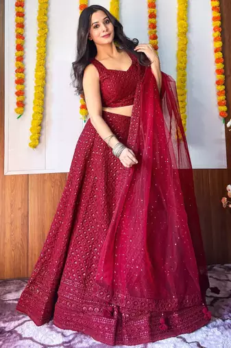 rani pink georgette embroidered lehenga choli with dupatta