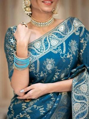 Teal blue woven art silk saree with blouse 5