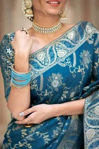 Teal blue woven art silk saree with blouse