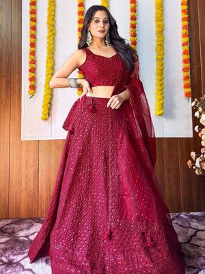rani pink georgette embroidered lehenga choli with dupatta 3
