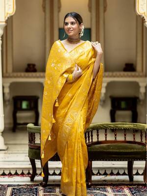 Mustard yellow woven art silk saree with blouse 1
