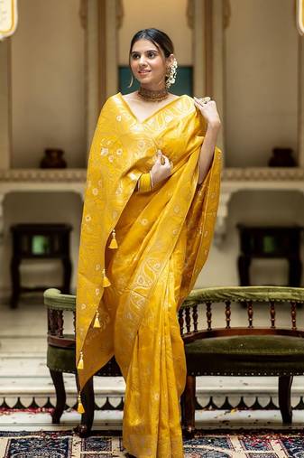 Mustard yellow woven art silk saree with blouse