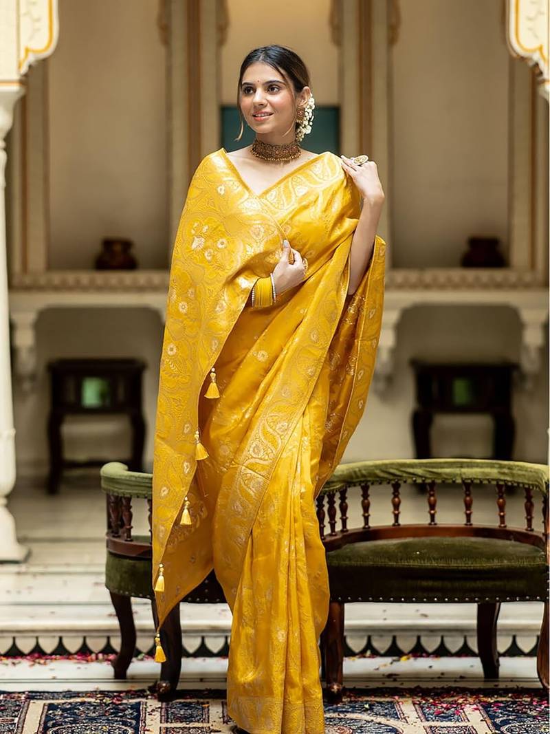 Mustard yellow woven art silk saree with blouse