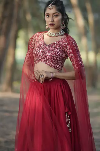 red georgette embroidered lehenga choli with dupatta