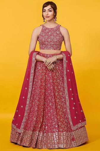 red georgette embroidered lehenga choli with dupatta