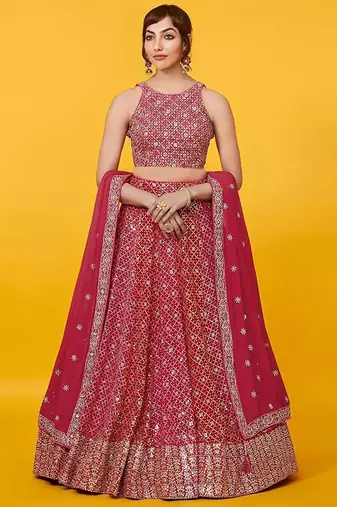 red georgette embroidered lehenga choli with dupatta