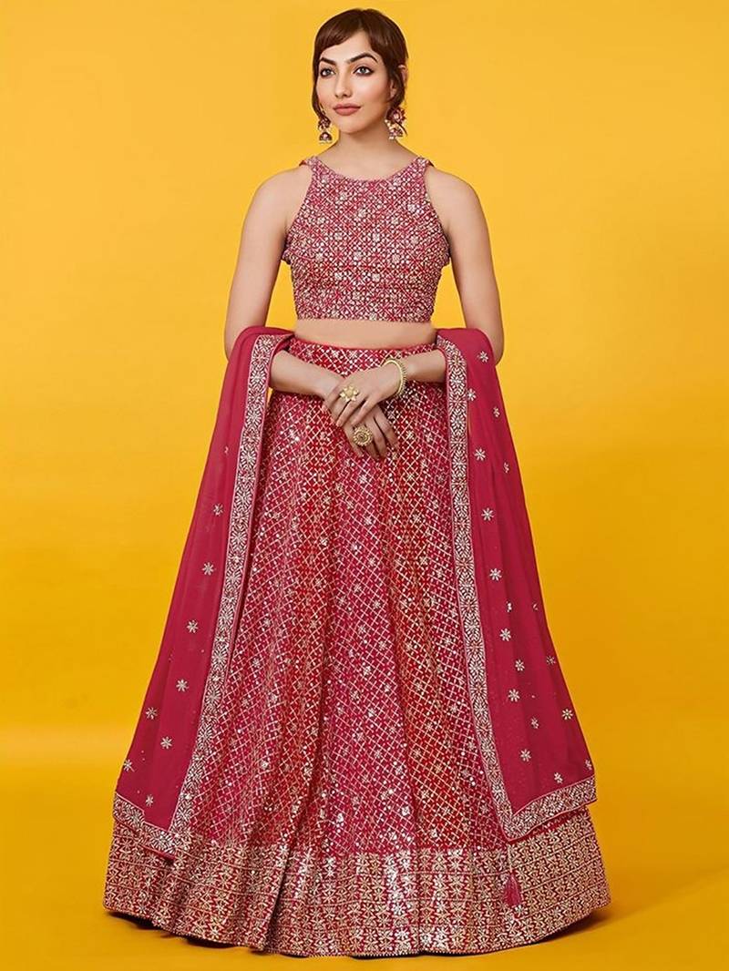 red georgette embroidered lehenga choli with dupatta