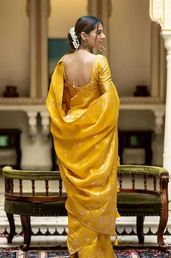 Mustard yellow woven art silk saree with blouse