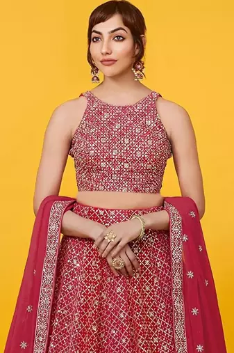 red georgette embroidered lehenga choli with dupatta