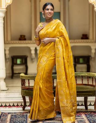 Mustard yellow woven art silk saree with blouse 3