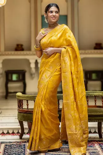 Mustard yellow woven art silk saree with blouse