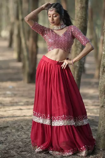 red georgette embroidered lehenga choli with dupatta