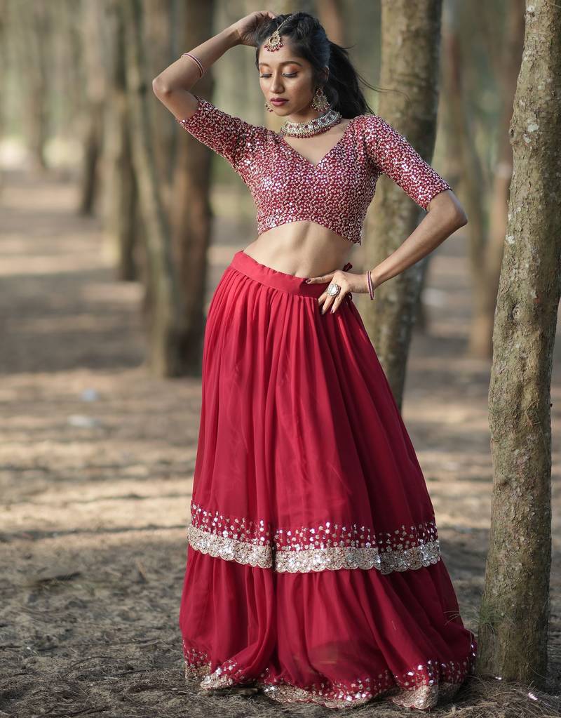 red georgette embroidered lehenga choli with dupatta
