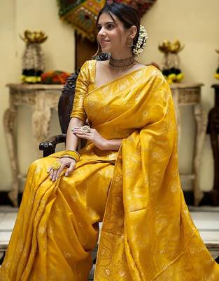 Mustard yellow woven art silk saree with blouse 4
