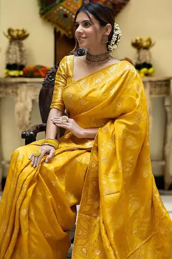 Mustard yellow woven art silk saree with blouse