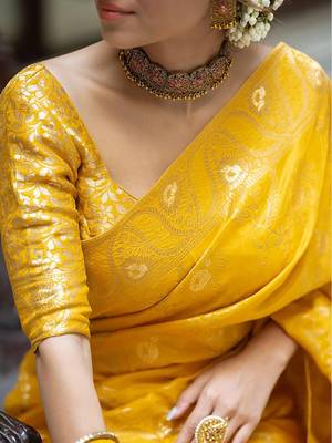 Mustard yellow woven art silk saree with blouse 5