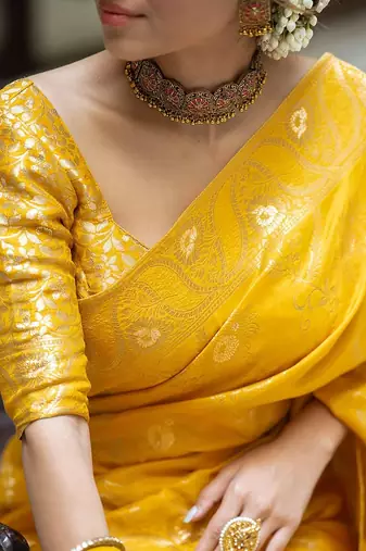 Mustard yellow woven art silk saree with blouse