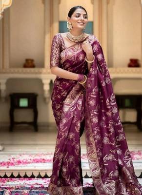 Wine purple woven art silk saree with blouse 1