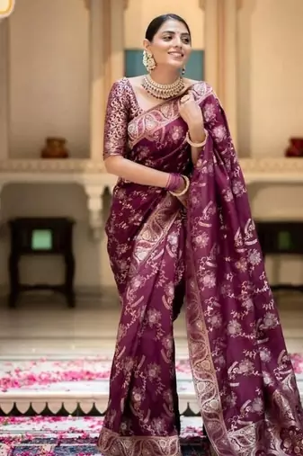 Wine purple woven art silk saree with blouse