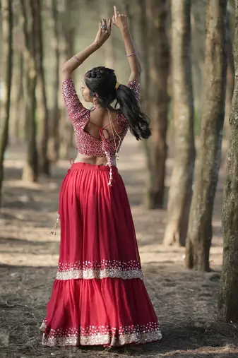 red georgette embroidered lehenga choli with dupatta