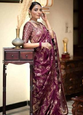 Wine purple woven art silk saree with blouse 2