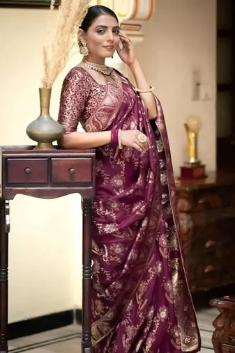 Wine purple woven art silk saree with blouse