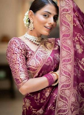 Wine purple woven art silk saree with blouse 3
