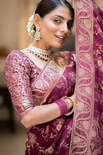Wine purple woven art silk saree with blouse