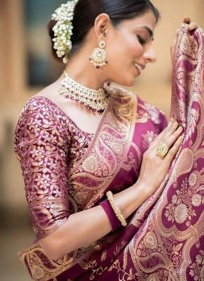 Wine purple woven art silk saree with blouse 4