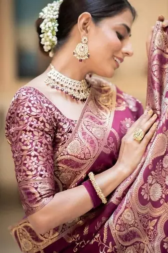 Wine purple woven art silk saree with blouse