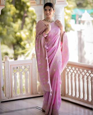 Baby pink woven art silk saree with blouse 1