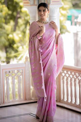 Baby pink woven art silk saree with blouse