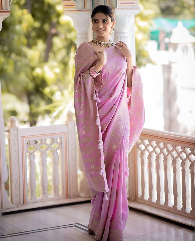 Baby pink woven art silk saree with blouse