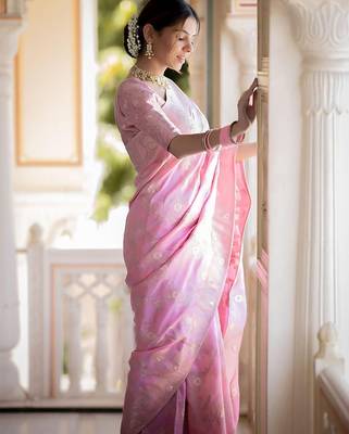 Baby pink woven art silk saree with blouse 2