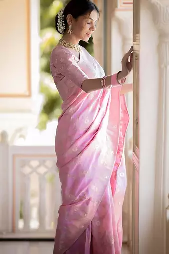 Baby pink woven art silk saree with blouse