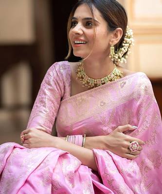 Baby pink woven art silk saree with blouse 3